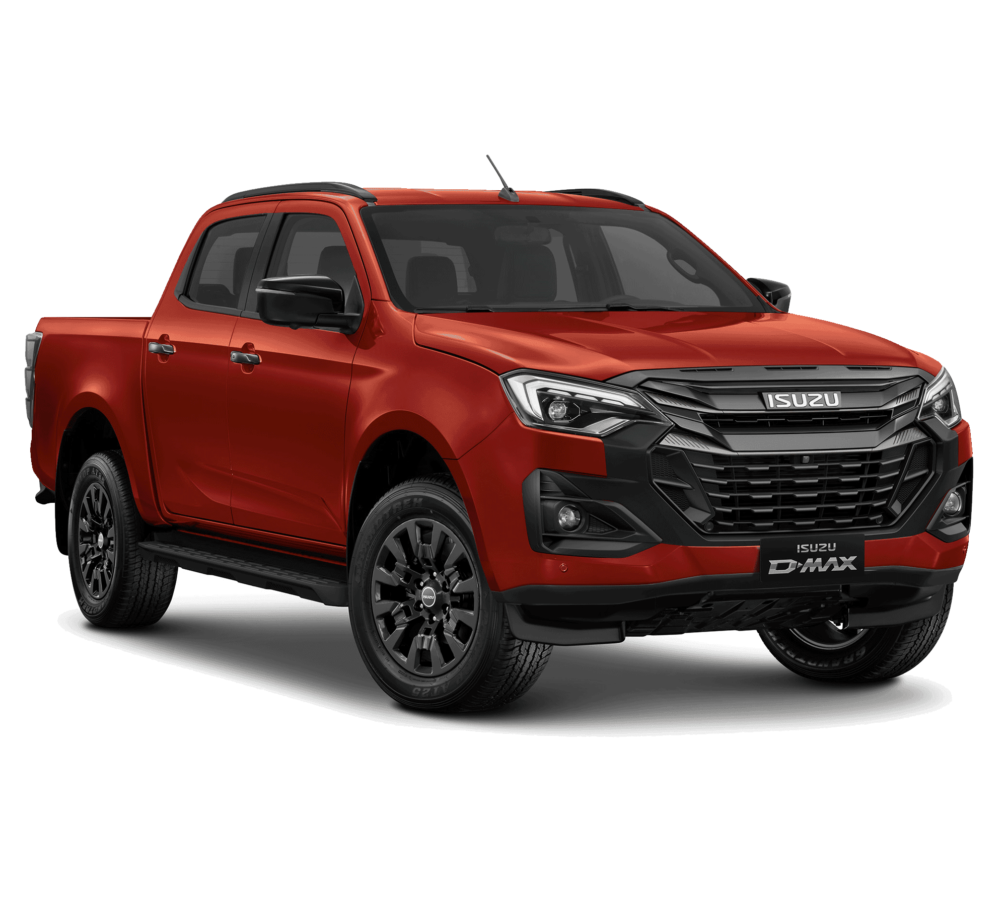 Namibu Orange ISUZU D-MAX Double Cab V-CROSS 2.2L pickup truck, angled front view, showcasing bold grille, sleek headlights, and black alloy wheels.