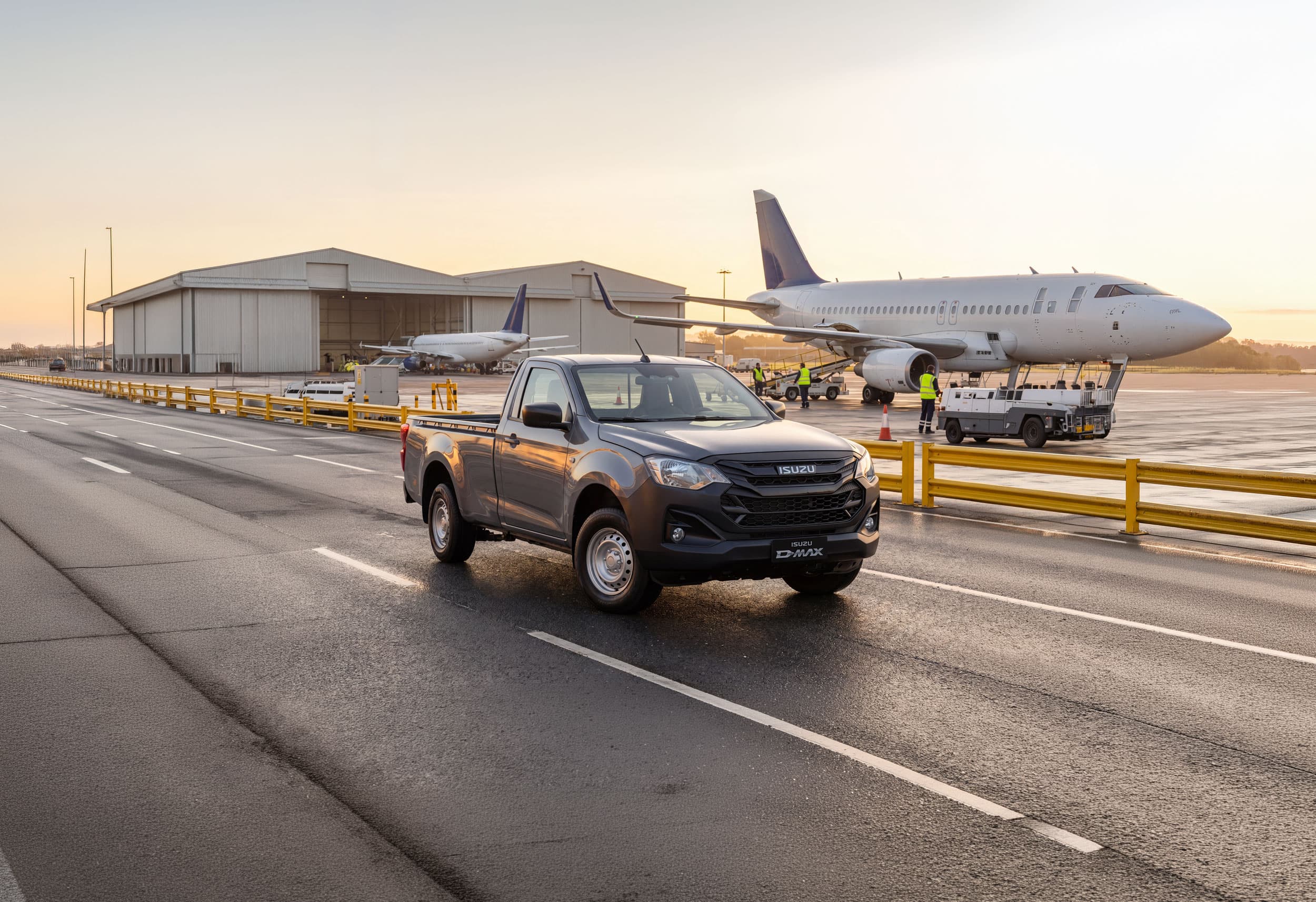 A pickup truck drives past airplanes and a hangar at an airport during sunset, with ground crew and cargo equipment nearby.